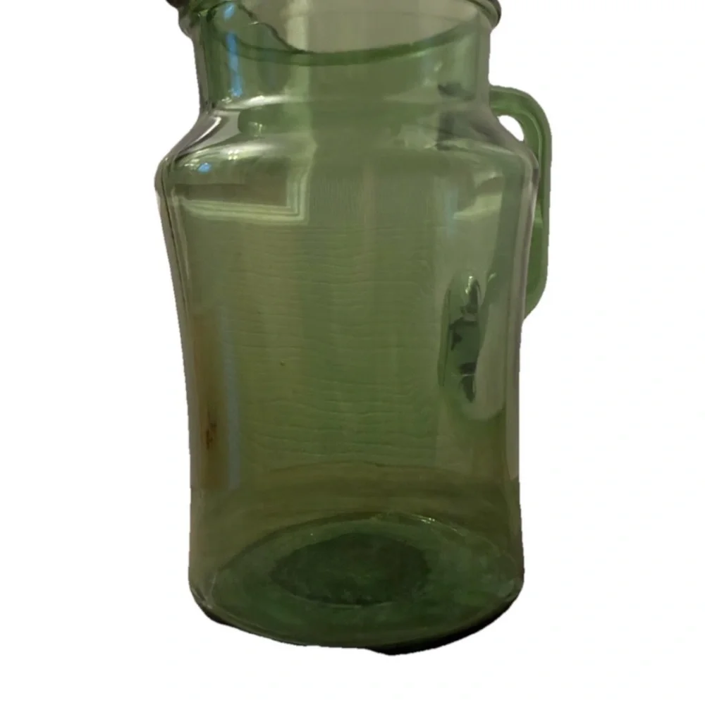 Vintage MCM Avocado Green Glass Pitcher with Ice Lip, 9.5” tall